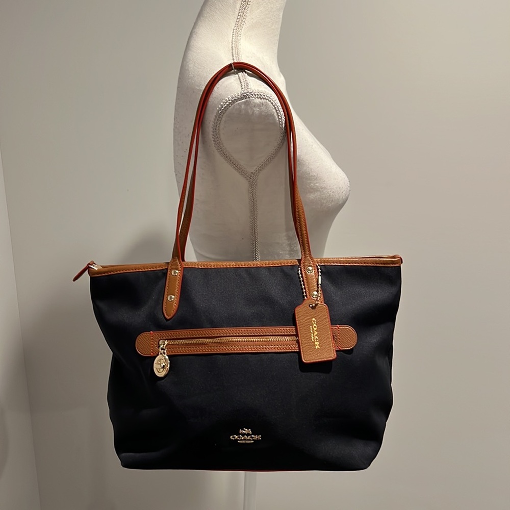 Coach Navy and Brown Tote Bag - Classic Leather-Trim Shoulder Tote - Picture 2 of 15